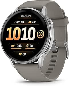 Garmin Venu 4, 45mm - Montres GPS connectées avancées Forme et santé avec écran Ultra-Lumineux et coloré, Lampe LED intégrée et Fonctions connectée - Noir et Silver avec Bracelet Gris